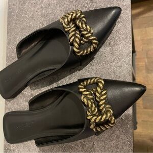 Open Edit Kyla Black Faux Leather Mules with Gold Chain Detail size 5